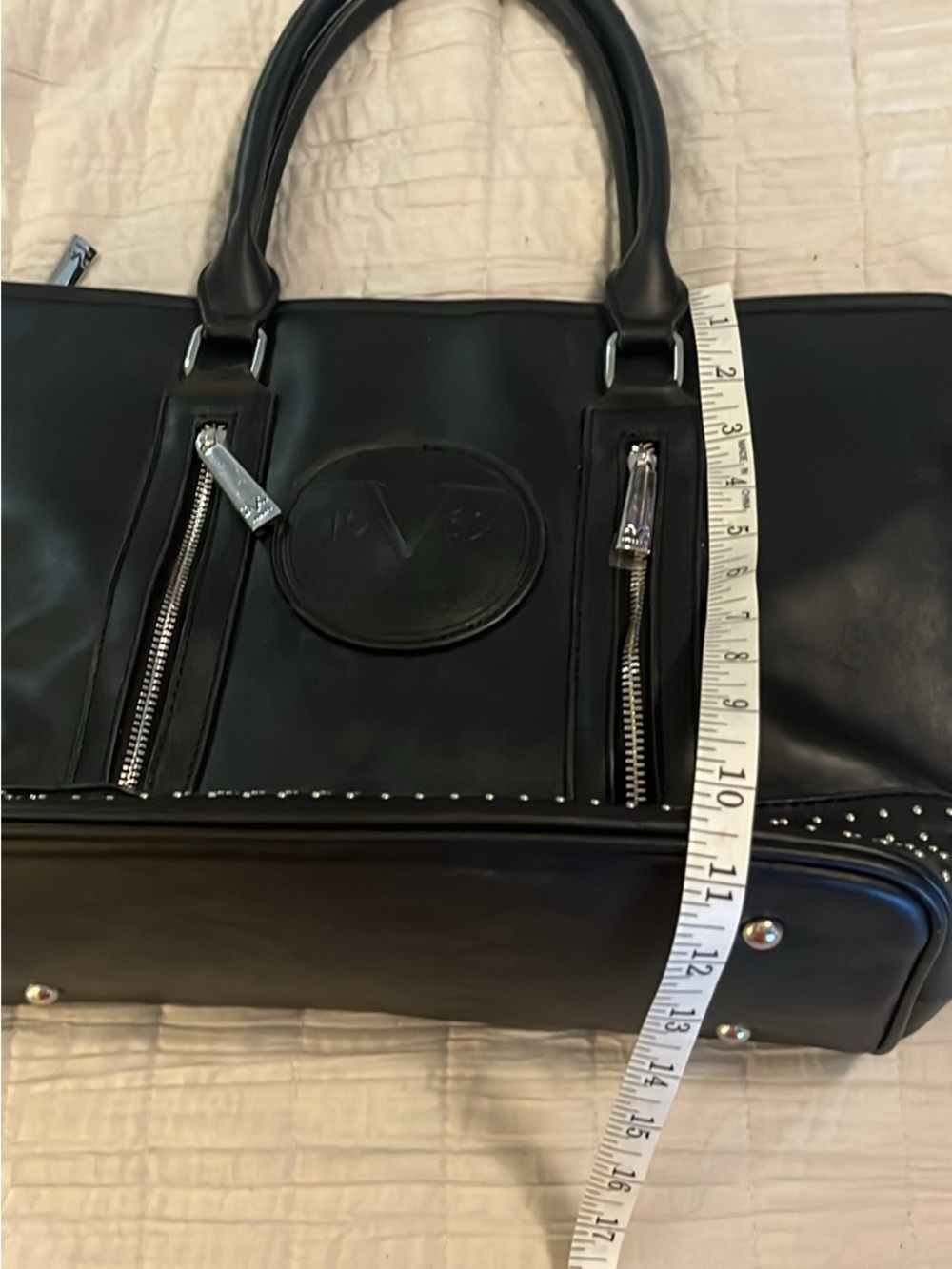 Alessandro Versace Black Leather Studded Tote with Embossed Medallion - Picture 7 of 8